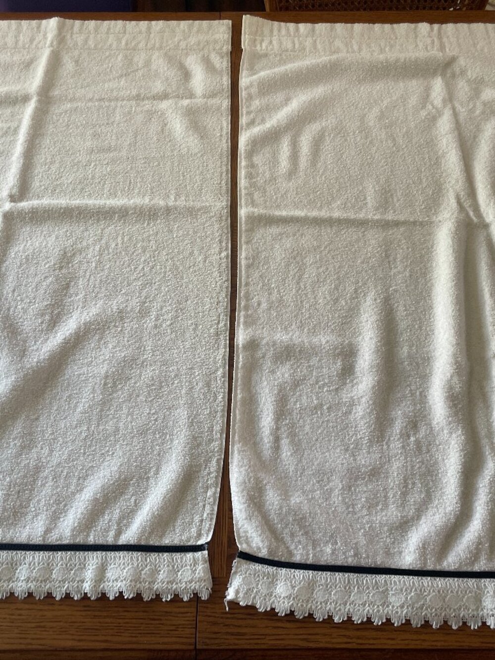 Vintage Terry Cloth Curtain Panels White Navy Blue Stripe Set of 2 Lace Scallop